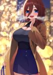  1girl :d absurdres alternate_breast_size alternate_hairstyle bag blue_eyes blue_skirt blurry blurry_background braid breasts breath brown_coat brown_hair city_lights cleavage coat go-toubun_no_hanayome hair_between_eyes hair_over_shoulder handbag high-waist_skirt highres hiyoku large_breasts long_bangs long_hair_between_eyes looking_at_viewer nakano_miku night open_clothes open_coat open_mouth single_braid skirt smile 
