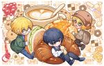  1girl 2boys black_eyes black_hair black_vest blonde_hair blue_pants blue_sweater brown_coat butter cheese coat coffee collared_shirt cookie croissant cup don_quixote_(project_moon) food glasses gredell_elle green_coat highres jam latte_art limbus_company long_sleeves multiple_boys necktie open_mouth pants pastry project_moon red_necktie round_eyewear shirt short_hair sinclair_(project_moon) smile sweater vest white_shirt yellow_eyes yi_sang_(project_moon) 