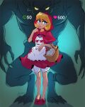  1boy 1girl apron blonde_hair bloomers blue_eyes bulleta capelet claws finger_to_mouth gallon_(vampire) glowing glowing_eyes gvellav highres like_and_retweet meme monster_boy parted_lips picnic_basket red_capelet red_hood short_hair twitter_strip_game_(meme) vampire_(game) werewolf white_bloomers you_gonna_get_raped 