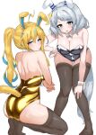  2girls absurdres ahoge alternate_costume alternate_hairstyle animal_ears blonde_hair blue_eyes blush breasts gold_leotard green_eyes grey_hair hair_ornament highres hishi_miracle_(umamusume) horse_girl horse_tail kumiyabe large_breasts leaning_forward leotard long_hair looking_at_viewer medium_hair multiple_girls neo_universe_(umamusume) nontraditional_playboy_bunny open_mouth ponytail rabbit_ears silver_leotard simple_background strapless strapless_leotard tail thighhighs umamusume white_background 