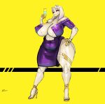5_fingers 5_toes absurd_res anthro big_breasts boss_monster bovid breasts caprine clothing cyberpunk_2077 feet female fingers footwear gausscannon goat hand_on_hip hi_res high_heels holding_object horn machine mammal nipple_outline red_eyes robot solo standing toes toriel undertale undertale_(series) white_body