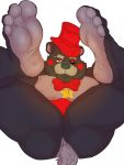  4_toes animatronic anthro barazoku barefoot bonicfan123 bow_tie bulge butt close-up clothing five_nights_at_freddy&#039;s foot_focus freddy_fazbear&#039;s_pizzeria_simulator fur half-closed_eyes hat headgear headwear hi_res lefty_(fnaf) looking_at_viewer lying machine male mammal muscular muscular_male nude on_back pecs presenting presenting_hindquarters raised_leg robot smile soles solo thick_thighs toes top_hat underwear ursid video_games 