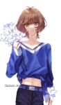  1girl alternate_costume belt black_pants blue_belt blue_flower blue_shirt brown_eyes brown_hair character_name cowboy_shot crop_top flower flower_request hand_up highres holding holding_flower light_smile long_sleeves looking_at_viewer midriff naoki_(2rzmcaizerails6) navel pants shirt short_hair simple_background solo standing upper_body white_background yu-gi-oh! yu-gi-oh!_vrains zaizen_aoi 