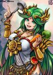  1girl breasts carrot chain diadem dress forehead_jewel gold_chain green_eyes green_hair highres holding holding_ladle kid_icarus kid_icarus_uprising ladle long_hair looking_at_viewer open_mouth palutena smile solo stoic_seraphim strapless strapless_dress vambraces very_long_hair 