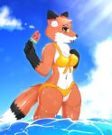 anthro bad_2_bad:_extinction black_nose canid canine clothing cloud female food fox fur isabella_fox mammal navel orange_body orange_clothing orange_eyes orange_fur popsicle sea sky solo standing swimwear tongue tongue_out unknown_artist water white_body white_fur