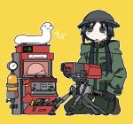  1girl birdweon black_eyes black_hair brodie_helmet chito_(shoujo_shuumatsu_ryokou) coat combat_helmet dispenser green_coat green_pants half-track helmet highres holding holding_weapon holding_wrench kettenkrad nuko_(shoujo_shuumatsu_ryokou) outline pants sentry shoujo_shuumatsu_ryokou solo stahlhelm team_fortress_2 weapon white_outline wrench yellow_background 