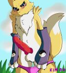 animal_genitalia anthro balls bandai_namco blue_eyes blush canid canine clothed clothing digimon digimon_(species) digital_media_(artwork) erection fox fur genitals hair hi_res hzfow looking_at_viewer male mammal nude panties panties_down partially_clothed penis presenting presenting_penis renamon simple_background solo tail underwear underwear_down undressing white_body white_fur yellow_body yellow_fur
