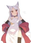  1girl :3 absurdres animal_ear_fluff animal_ears bare_shoulders black_choker black_hair black_legwear character_name choker cloba collarbone commentary_request covered_navel dress elbow_gloves fox_ears fox_tail gloves hands_on_hips highres long_hair looking_at_viewer red_eyes sewayaki_kitsune_no_senko-san shawl shiro_(sewayaki_kitsune_no_senko-san) side_slit signature simple_background smile smug solo strapless strapless_dress tail thighhighs whisker_markings white_background white_dress white_hair 