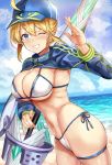  1girl ahoge artoria_pendragon_(all) bangs baseball_cap beach bikini blonde_hair blue_eyes blue_headwear blue_jacket blue_sky blush breasts cleavage cropped_jacket fate/grand_order fate_(series) grin hair_between_eyes hair_through_headwear hat highres himuro_(dobu_no_hotori) jacket lance large_breasts looking_at_viewer mysterious_heroine_xx_(foreigner) navel ocean one_eye_closed polearm shrug_(clothing) side-tie_bikini sidelocks sky smile solo swimsuit thigh_strap thighs twinmyniad weapon white_bikini zipper_pull_tab 