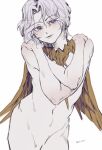  1boy blush completely_nude dark_souls_(series) dark_souls_i dark_sun_gwyndolin grey_hair hands_up highres looking_at_viewer male_focus navel nude parted_bangs purple_eyes short_hair simple_background solo translation_request white_background wings zunkome 