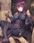  1girl bangs blush bodysuit breasts candle censored covered_navel cum double_handjob ejaculation fate/grand_order fate_(series) footjob hair_between_eyes handjob large_breasts long_hair looking_at_viewer mosaic_censoring multiple_penises parted_lips pauldrons penis purple_bodysuit purple_hair red_eyes sayika scathach_(fate)_(all) scathach_(fate/grand_order) sitting smile sweat thigh_sex thighs 