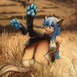  2019 4_toes 5_fingers anthro areola blue_areola blue_eyes blue_hair blue_nipples blue_pawpads breasts canid canine day detailed_background female fox grass hair looking_at_viewer mammal nipples nude outside pawpads pussy smile solo toes tril-mizzrim 
