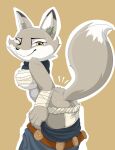 2023 anthro bandage bandage_on_breasts bandaged_arm bodily_fluids breasts butt canid canine canis clothed clothing corsac_fox digital_media_(artwork) dreamworks female fox fur grey_body grey_fur hi_res kung_fu_panda mammal rear_view scarf solo striptease sweat tail under_boob underwear undressing zebra10045 zhen_(kung_fu_panda)