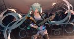  1girl absurdres artist_name bangs black_jacket black_legwear black_ribbon blue_nails breasts building cleavage cloud cloudy_sky collarbone commentary_request eyebrows_visible_through_hair fingernails fur-trimmed_shorts fur_trim green_eyes green_hair hair_between_eyes hair_ribbon hatsune_miku highres holding holding_instrument instrument jacket koi_han long_hair long_sleeves lower_teeth medium_breasts mismatched_legwear music open_clothes open_jacket open_mouth outdoors playing_instrument puffy_long_sleeves puffy_sleeves ribbon shirt short_shorts shorts sky skyscraper solo speaker standing star_(sky) starry_sky striped striped_legwear thighhighs twintails upper_teeth v-shaped_eyebrows vertical-striped_legwear vertical_stripes very_long_hair vocaloid white_shirt white_shorts 