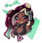  2019 5_fingers animal_humanoid beauty_mark blush breasts brown_skin bust_portrait cephalopod cephalopod_humanoid cleavage clothed clothing dark_skin exotic_pupils eyelashes female fingerless_gloves gloves green_eyes hair headphones hi_res humanoid jacket long_hair malcontentus marina_(splatoon) marine marine_humanoid mole_(marking) mollusk mollusk_humanoid nintendo octarian octoling portrait smile solo splatoon teeth tentacle_hair tentacles topwear video_games zipper 