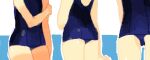  3girls arm_at_side arm_behind_back ass bad_drawr_id bad_id bare_arms blue_one-piece_swimsuit close-up cowboy_shot from_behind hand_on_own_arm head_out_of_frame jaggy_lines multiple_girls oekaki oimo_(14sainobba) old_school_swimsuit one-piece_swimsuit original outline school_swimsuit shiny_skin swimsuit two-tone_background white_background white_outline 