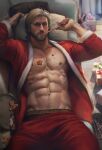  1boy abs aenaluck bara bare_pectorals bed black_male_underwear candy candy_cane clothes_pull cookie food food_in_mouth food_on_body grey_hair highres holding holding_food indoors large_pectorals lying male_focus male_underwear male_underwear_peek master_(aenaluck) muscular muscular_male navel nipples on_back on_bed open_clothes original pants pants_pull pectorals red_pants short_hair solo sparse_stubble underwear 
