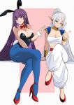  2girls absurdres animal_ears bandeau bare_shoulders black_leotard blue_pantyhose bracelet breasts bulma bulma_(cosplay) cleavage cosplay crossed_legs dragon_ball dragon_ball_(classic) fake_animal_ears fern_(sousou_no_frieren) frieren grin high_heels highres ihsnet jewelry large_breasts leotard long_hair looking_at_viewer medium_breasts multiple_girls pants pantyhose playboy_bunny pointy_ears purple_eyes purple_hair rabbit_ears red_footwear sitting smile sousou_no_frieren strapless strapless_leotard thighs tube_top very_long_hair white_pants 