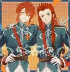  2boys asch_(tales) belt blue_jacket blush closed_eyes commentary_request confetti gloves green_eyes grin hair_between_eyes hair_slicked_back hand_on_another&#039;s_shoulder hand_on_own_hip happy_birthday high_collar highres jacket long_hair long_sleeves looking_at_viewer luke_fon_fabre male_focus meba multiple_boys official_alternate_costume official_alternate_hair_length official_alternate_hairstyle pants parted_lips red_hair short_hair sidelocks smile spiked_hair sweatdrop tales_of_(series) tales_of_the_abyss upper_body v white_gloves white_pants 