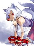  1girl animal_ears bear_trap blood blood_on_hands collarbone dog_ears dog_tail frilled_skirt frills grey_hair highres kaigen_1025 mitsugashira_enoko multiple_tails pink_skirt purple_shirt red_eyes severed_arm severed_limb shirt short_hair skirt solo tail touhou 