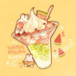  artist_name commentary eating english_commentary english_text food food_focus fruit highres ice ice_cube nao_(bestrollever) no_humans original oversized_food oversized_object rabbit simple_background slushie spoon star_(symbol) summer watermelon watermelon_seeds watermelon_slice whipped_cream yellow_background 