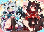  +_+ 2girls ? ahoge animal_ear_fluff animal_ears black_hair black_hoodie black_shorts black_thighhighs blue_neckerchief blush braid breasts cleavage commentary_request controller earrings fox_ears fox_girl fox_tail game_controller green_eyes hair_between_eyes heart heart_tail highres holding holding_controller holding_game_controller hololive hood hoodie jewelry key knees_up kurokami_fubuki long_hair looking_at_viewer medium_breasts multiple_girls musical_note navel neckerchief pentagram red_eyes red_neckerchief sakuramochi_(sakura_frappe) shirakami_fubuki shirakami_fubuki_(1st_costume) short_shorts shorts sidelocks single_braid single_thighhigh sitting smile spoken_musical_note spoken_question_mark spread_legs tail thigh_strap thighhighs tongue tongue_out virtual_youtuber white_hair white_hoodie 