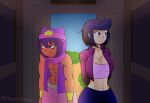 bibi_(brawl_stars) blue_hair brawl_stars breasts cleavage clothed clothing comic duo female hair hi_res human human_only male mammal midriff not_furry purple_eyes ruptureowo sandy_(brawl_stars) twitter_handle