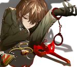  1boy akechi_gorou black_gloves black_necktie brown_eyes brown_hair collared_shirt cuffs elbow_rest expressionless gloves grey_jacket hair_over_one_eye half-closed_eyes hand_on_own_cheek hand_on_own_face handcuffs holding invisible_table jacket jewelry long_sleeves looking_down male_focus mask necklace necktie persona persona_5 pointed_mask red_mask red_pupils shirt short_hair simple_background solo striped_necktie suou_(sdurorhr) unworn_mask white_background white_shirt wing_collar 