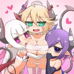  3girls ahoge arm_around_shoulder bandaged_horn bare_shoulders black_choker black_gloves black_panties blonde_hair blue_horns blue_ribbon blush blush_stickers boots breasts choker cleavage collarbone commentary_request covered_mouth cross-laced_footwear demon_girl demon_horns demon_tail demon_wings elbow_gloves fang flat_chest gint=ktouka gloves green_eyes grey_horns hair_between_eyes hair_over_one_eye heart highres horn_ornament horn_ribbon horns hug huge_breasts long_hair looking_at_viewer mon-musu_quest! monster_girl multicolored_horns multiple_girls navel open_mouth oppai_loli panties pink_background pink_eyes pink_horns pointy_ears purple_eyes purple_hair rami_(mon-musu_quest!) red_horns red_ribbon remi_(mon-musu_quest!) ribbon ringed_eyes rumi_(mon-musu_quest!) short_hair simple_background smile strapless tail thigh_boots triangle_mouth tube_top two-tone_horns underwear v-shaped_eyebrows very_long_hair white_choker white_gloves white_hair white_panties white_tube_top wings 
