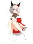  1girl absurdres animal_ears bell black_hairband christmas convenient_leg curren_chan_(umamusume) dress ear_covers floating fur-trimmed_dress fur_trim grey_hair hairband halterneck highres horse_ears horse_girl long_sleeves looking_at_viewer nan-bu neck_bell no_shoes off-shoulder_dress off_shoulder open_mouth purple_eyes red_dress santa_dress short_dress short_hair simple_background smile socks solo umamusume white_background white_socks 