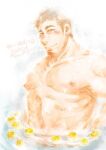  1boy bara blush brown_hair dated facial_hair goatee kano_(kano_to10) large_pectorals looking_at_viewer male_focus muscular muscular_male nipples nude old old_man onsen original pale_color partially_submerged pectorals short_hair sideburns_stubble solo thick_eyebrows translation_request upper_body wet 