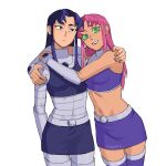 2girls blackfire breasts closed_mouth colored_sclera colored_skin covered_navel dc_comics english_commentary green_eyes green_sclera highres hug jenxd_d long_hair looking_at_viewer medium_breasts multiple_girls navel orange_skin purple_eyes purple_hair siblings simple_background sisters skirt smile standing starfire superhero teen_titans thighhighs white_background 