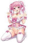  1girl :d absurdres bang_dream! bell bell_choker bow breast_tattoo breasts choker cleavage eyebrows_visible_through_hair full_body hair_ribbon heart_tattoo highres kneeling lambda_(kusowarota) large_breasts looking_at_viewer maruyama_aya open_mouth pink_bow pink_choker pink_eyes pink_hair pussy ribbon simple_background smile solo tattoo thighhighs v white_background white_legwear white_ribbon wrist_bow 
