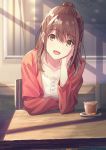  1girl brown_hair chair cup highres jacket koh_rd open_mouth original solo table yellow_eyes 