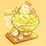  animal-themed_food artist_name commentary cup disposable_cup english_commentary english_text flag food food_focus fruit highres ice_cream matcha_(food) melon nao_(bestrollever) no_humans nut_(food) orange_background original oversized_food oversized_object rabbit shaved_ice simple_background snowflakes spoon summer 