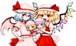  2girls absurdres ascot bat_wings blonde_hair blue_hair commentary crystal doll flandre_scarlet fumo_(doll) hair_ribbon hat highres holding holding_doll looking_at_viewer mob_cap multiple_girls natucurage open_mouth pink_headwear pink_skirt red_eyes red_ribbon red_skirt remilia_scarlet ribbon short_hair short_sleeves siblings simple_background sisters skirt touhou twitter_username white_background wings yellow_ascot 