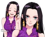  2girls artist_name bare_shoulders blue_eyes blush boa_hancock closed_eyes closed_mouth dual_persona earrings highres jewelry long_hair multiple_girls natsuki_shio one_piece open_mouth simple_background snake_earrings teeth translation_request white_background 