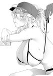  1girl ahoge artoria_pendragon_(all) bangs bare_shoulders baseball_cap bikini blush breasts cleavage eyelashes fate/grand_order fate_(series) hair_between_eyes hair_through_headwear hat large_breasts leaning_forward long_hair looking_at_viewer monochrome mysterious_heroine_xx_(foreigner) ponytail pout puffy_cheeks sidelocks simple_background sitting soba_(saz) solo_focus swimsuit untied untied_bikini white_background 