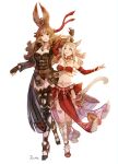  2girls absurdres animal_ears bandeau black_gloves blonde_hair boots breasts brown_eyes brown_hair cat_ears cat_tail dancer_(final_fantasy) detached_sleeves final_fantasy final_fantasy_xiv fingerless_gloves gloves high_heel_boots high_heels highres long_hair medium_breasts miqo&#039;te monk_(final_fantasy) multiple_girls pelvic_curtain peppermint_jet rabbit_ears tail thigh_boots viera warrior_of_light_(ff14) white_background 