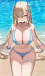  1girl absurdres asuna_(blue_archive) bare_arms bare_legs bare_shoulders beach bikini blue_archive blue_bikini blue_choker blue_eyes blue_halo blue_ribbon breasts choker cleavage grin hair_over_one_eye hair_ribbon halo highres kitin large_breasts light_brown_hair long_hair looking_at_viewer navel ocean ribbon side-tie_bikini_bottom smile solo swimsuit wet 