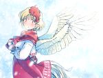  1girl animal bird bird_tail bird_wings blonde_hair blush chick dress feathered_wings from_side long_sleeves multicolored_hair niwatari_kutaka parted_lips rangycrow red_dress red_eyes red_hair shirt short_hair snowing solo tail touhou two-tone_hair white_shirt wings 
