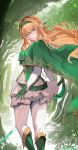  1girl blonde_hair cape ear_covers elf feet_out_of_frame forest gloves green_cape green_eyes green_gloves green_hairband hairband highres holding holding_sword holding_weapon looking_back nagasawa_tougo nature original pantyhose pointy_ears skirt solo sword tree weapon white_pantyhose white_skirt wind 