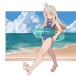  1girl ahoge bare_shoulders barefoot beach blush border brown_eyes cloud cloudy_sky cumulonimbus_cloud feet full_body legs light_brown_hair long_hair milktea_(gggrrr2000) name_tag one-piece_swimsuit onii-chan_wa_oshimai! outdoors oyama_mahiro school_swimsuit sidelocks simple_background sketch sketch_background sky smile soles solo swimsuit toes transparent transparent_innertube walking 