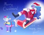 anthro anthrofied aztrial blue_hair boots christmas christmas_clothing christmas_headwear clothing costume dialogue english_text equid equine facial_hair fake_mustache footwear gloves glowing gradient_hair hair handwear hasbro hat headgear headwear hi_res holidays horn izzy_moonbow_(mlp) long_hair looking_at_viewer mammal mlp_g5 mustache my_little_pony one_eye_closed purple_hair santa_costume santa_hat senor_butterscotch_(mlp) sled sparkles star text unicorn wink winking_at_viewer