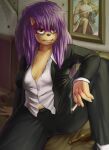 &lt;3 anthro bottle breasts bullet_holes cigarette cleavage clothed clothing container eulipotyphlan female fur grumpy hair hedgehog hi_res long_hair mammal mobian_hedgehog purple_body purple_fur purple_hair queen_aleena_hedgehog sega smoking solo sonic_the_hedgehog_(series) sonic_underground suit tired unbuttoned_shirt vapolygon