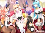  4girls agnes_claudel ahoge animal_ears blonde_hair blunt_bangs braid braided_bun breasts chisarune cleavage_cutout clothing_cutout cocktail cocktail_glass couch cup curtained_hair drinking_glass earrings eiyuu_densetsu fake_animal_ears fake_tail feri_al-fayed fishnet_pantyhose fishnets food glass hair_between_eyes hair_bun hime_cut holding holding_tray jewelry judith_ranster kuro_no_kiseki large_breasts leotard long_hair multiple_girls nail_polish on_couch orange_hair pantyhose playboy_bunny rabbit_ears rabbit_tail risette_twinings short_hair single_hair_bun sitting sparkle tail tailcoat_playboy_bunny thighhighs tray wavy_hair 