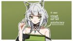  1girl animal_ear_fluff animal_ears arknights bare_shoulders cat_ears cat_girl collarbone dress english_commentary english_text green_dress green_eyes grey_hair kal&#039;tsit_(arknights) looking_at_viewer nuggetkouhai open_mouth short_hair solo upper_body 