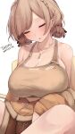  1girl artist_name bare_shoulders bone_print braid breasts brown_hair brown_shorts brown_sports_bra cleavage closed_eyes collarbone crown_braid dated dog_tags double_bun drooling fur_jacket furen_e_lustario furen_e_lustario_(5th_costume) hair_bun highres huge_breasts jacket jacket_partially_removed jewelry midriff_peek necklace nijisanji official_alternate_costume open_mouth partially_unzipped shorts sitting sleeping solo sports_bra ta1sh1 taut_clothes virtual_youtuber 