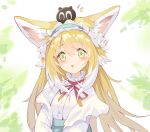  1girl :o absurdres animal_ear_fluff animal_ears arknights blonde_hair blue_hairband blush cardigan cha_kurikara chinese_commentary colored_tips commentary fox_ears fox_girl frilled_hairband frills green_eyes hairband heixiu highres long_hair looking_at_viewer luo_xiaohei_zhanji multicolored_hair neck_ribbon official_alternate_costume open_mouth red_ribbon ribbon solo suzuran_(arknights) suzuran_(spring_praise)_(arknights) two-tone_hair upper_body white_cardigan white_hair 