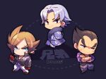  3boys bathrobe belt black_background black_eyes black_hair black_jacket black_vest blue_eyes brown_belt chibi closed_mouth crossed_arms gloves grey_pants jacket kotorai lars_alexandersson lee_chaolan looking_at_viewer looking_to_the_side mishima_kazuya multiple_boys no_nose pants purple_hair red_eyes red_gloves scar scar_on_arm scar_on_cheek scar_on_face signature smile tekken vest white_pants 